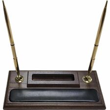 Dacasso Walnut & Leather Double Pen Stand/Cell Phone Holder Leather, Wood, Rubber - Black, Walnut - 1 Each