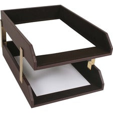 Dacasso Leather Double Legal-Size Trays Desktop - Chocolate Brown - Top Grain Leather, Velveteen, Felt - 1 Each