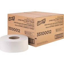 Genuine Joe Jumbo Jr Dispenser Bath Tissue Roll 2 Ply - 3.50" Width x 1000 ft Length - 8.88" Roll Diameter - White - Fiber - 12 / Carton