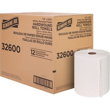 Genuine Joe Hardwound Roll Paper Towels 7.80" Width x 600 ft Length - 2" Core - Embossed Design - White - Paper - 12 / Carton