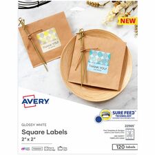 Avery&reg; Sure Feed Glossy White Square Labels Waterproof - 2" Width x 2" Length - Permanent Adhesive - Square - Inkjet, Laser - Glossy White - White - Paper - 12 / Sheet - 12 Total Sheets - 120 Total Label(s) - 10 / Pack