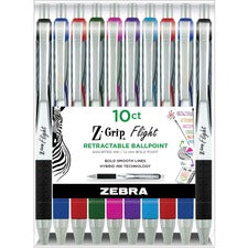 Zebra Pen Z-Grip Flight Retractable Pens 1.2 mm Bold Pen Point - Retractable - Multi Ink - Gel-based - Assorted Plastic Barrel - 10 / Pack