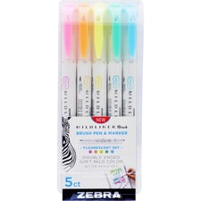 Zebra MILDLINER Dual Ended Brush Pen & Marker Set Fine Marker Point - Brush Marker Point Style - Fluorescent Pink Pigment-based, Fluorescent Orange, Fluorescent Yellow, Fluorescent Blue, Fluorescent Green Ink - 5 / Pack