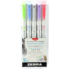 Zebra MILDLINER Dual Ended Brush Pen & Marker Set Fine Marker Point - Brush Marker Point Style - Green Pigment-based, Dark Blue, Gray, Violet, Red Ink - 5 / Pack
