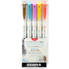 Zebra MILDLINER Dual Ended Brush Pen & Marker Set Fine Marker Point - Brush Marker Point Style - Gold Pigment-based, Magenta, Brown, Vermillion, Smoke Blue Ink - 5 / Pack