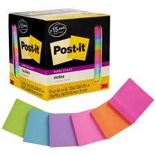 Post-it&reg; Super Sticky Notes 15 - 3" Flag/Note Width x 3" Flag/Note Length - Square - 45 Sheets per Pad - Neon Orange, Tropical Pink, Power Pink, Iris, Blue Paradise, Neon Green Limeade - Adhesive, Recyclable - 15 / Pack