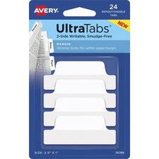 Avery&reg; Ultra Tabs Repositionable Margin Tabs 24 Tab(s) - 6 Tab(s)/Set - Clear Film, White Paper Tab(s) - 24 / Pack