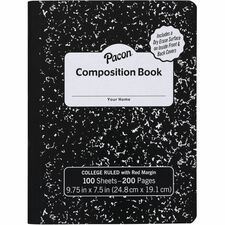Pacon Marble Hard Cover College Rule Composition Book 100 Sheets - 200 Pages - College Ruled Front Ruling - Red Margin - 9.75" Height x 7.5" Width - Black Marble Cover - Recyclable, Hard Cover - 1 Each