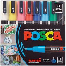 uniball&#8482; Posca PC-3M Paint Markers Fine Marker Point - Green, Blue, Light Blue, Yellow, Red, Pink, White, Black Ink - Water Based, Pigment-based - 8 / Pack