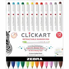 Zebra Pen ClickArt Retractable Markers Bullet Tip Assorted Colours 12/pkg 0.6 mm Fine Bullet Marker Point - Retractable - Assorted Ink - Water Based - 12 / Pack