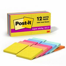 Post-it&reg; Super Sticky Note Pads - Summer Joy Color Collection 3" Flag/Note Width x 3" Flag/Note Length - Square - 90 Sheets per Pad - Citron, Papaya Fizz, Power Pink, Washed Denim, Fresh Mint - Sticky, Recyclable - 12 / Pack