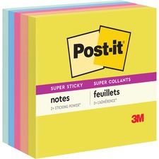 Post-it&reg; Super Sticky Note Pads - Summer Joy Color Collection 3" Flag/Note Width x 3" Flag/Note Length - Square - 90 Sheets per Pad - Citron, Papaya Fizz, Power Pink, Washed Denim, Fresh Mint - Sticky, Recyclable - 5 / Pack