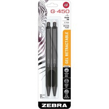 Zebra Pen G-450 Gel Retractable 0.7mm Black 2Pk Medium Pen Point - Refillable - Retractable - Black Brass Barrel - 2 / Pack