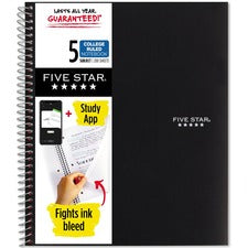 Five Star Notebook 5 Subject(s) - 200 Sheets - Wire Bound - College Ruled Front Ruling - 3 Hole(s) - Letter - 8 1/2" x 11" Sheet Size - Black Cover - Bleed Resistant, Pocket, Perforated, Water Resistant, Spiral Lock, Acid-free, Pocket Divider - 1 Each