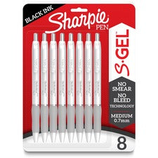 Sharpie S-Gel Pens 0.7 mm Medium Pen Point - Black Ink - Gel-based - White Metal Barrel - 8 / Pack