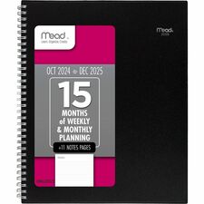 Mead Basic Weekly Monthly Planner, Black, Large, 8 1/2" x 11" Large - Weekly, Monthly - 15 Month - October 2025 to December 2026 - 1 Week, 1 Month Double Page Layout - 8 1/2" x 11" Sheet Size - Twin Wire - Black - Poly - Black Cover - Flexible Cover, Rule