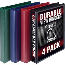 Samsill Durable View Binders 1" Binder Capacity - Letter - 8 1/2" x 11" Sheet Size - 225 Sheet Capacity - 3 Ring(s) - Fastener(s): D-Ring - Pocket(s): 2, Internal - Polypropylene, Chipboard - Black, Blue, Red, Green - Durable, Clear Overlay, Ink-transfer