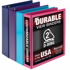 Samsill Durable View Binders 2" Binder Capacity - Letter - 8 1/2" x 11" Sheet Size - 475 Sheet Capacity - 3 Ring(s) - Fastener(s): D-Ring - Pocket(s): 2, Internal - Polypropylene, Chipboard - Assorted - Durable, Clear Overlay, Ink-transfer Resistant, Wear