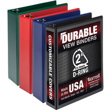 Samsill Durable View Ring Binder 2" Binder Capacity - Letter - 8 1/2" x 11" Sheet Size - 475 Sheet Capacity - 3 Ring(s) - Fastener(s): D-Ring - Pocket(s): 2, Internal - Polypropylene, Chipboard - Black, Blue, Red, Green - Durable, Clear Overlay, Non-stick