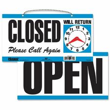 Headline Signs OPEN/CLOSED 2-sided Sign Print/Message "Open/Closed/Please Call Again/Will Return" - 11.5" Width x 6" Depth - Rectangular Shape - Double Sided - Customizable Time - Plastic - White, Blue - 1 Each