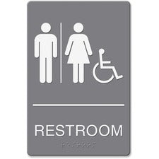 Headline Signs ADA Wheelchair/RESTROOM Image Sign Print/Message "Restroom (Man/Woman/Wheelchair)" - Rectangular Shape - Adhesive, Braille - Plastic - White - 1 Each - TAA Compliant