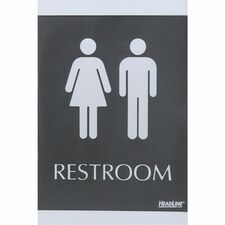 Headline Signs ADA RESTROOM Sign Print/Message "Restroom" - 6" Width x 9" Depth - Rectangular Shape - Silver Print/Message Color - Adhesive Backing, Durable, Pictogram, Self-adhesive, Braille - Plastic - Black, Gray - 1 Each