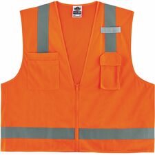Ergodyne GloWear 8249Z Hi-Vis Surveyors Vest Recommended for: Baggage Handling, Construction - Large - Zipper Closure - 4 Pocket(s) - Polyester, Polyester Mesh - Orange - High Visibility, Lightweight, Breathable, Interior Pocket, Cell Phone Pocket, Mic Ta