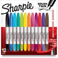 Sharpie Brush Twin Permanent Markers Ultra Fine Brush Marker Point - Assorted Ink - 12 / Pack