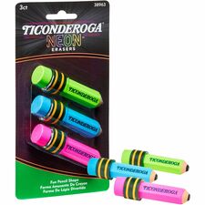 Ticonderoga Pencil-Shaped Erasers Neon Assorted - Assorted Barrel - Pencil - 3 / Pack - Latex-free, Non-toxic, Smudge-free