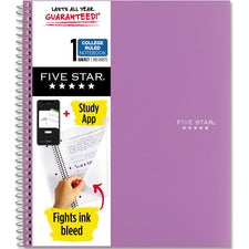 Five Star Wirebound Notebook 1 Subject(s) - 100 Pages - Wire Bound - College Ruled Front Ruling - Letter - 8 1/2" x 11" Sheet Size - Purple Cover - Double Sided Sheet, Durable, Water Resistant, Wear Resistant, Tear Proof, Spill Resistant, Pocket, Opaque -