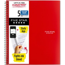 Five Star Wirebound Notebook 5 Subject(s) - 200 Pages - Wire Bound - College Ruled Front Ruling - Letter - 8 1/2" x 11" Sheet Size - Red Cover - Double Sided Sheet, Durable, Water Resistant, Wear Resistant, Tear Proof, Spill Resistant, Pocket, Opaque - 1