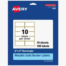 Avery&reg; Labels with Metallic Gold Borders, 2" x 4" , 100 (6541) 2" Width x 4" Length - Permanent Adhesive - Rectangle - Inkjet, Laser - Matte - White - Metallic Gold Border - Paper - Peel-off, Curl Resistant, Stick & Stay, Pop Up Edge, Tear Proof, Long