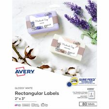 Avery&reg; Glossy White Labels, 2" x 3" , 80 Labels (22890) 2" Height x 3" Width - Permanent Adhesive - Rectangle - Gloss White - Jam-free, Stick & Stay, Smudge Proof, Foldable - 8 / Sheet - 80 / Pack