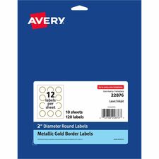 Avery&reg; Easy Peel Round Labels 2" Diameter - Permanent Adhesive - Round - Inkjet, Laser - White, Metallic Gold - Paper - Peel-off, Curl Resistant, Stick & Stay, Pop Up Edge, Tear Proof - 12 / Sheet - 120 / Pack