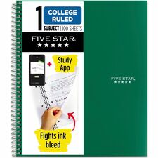 Five Star Wirebound Notebook 1 Subject(s) - 100 Sheets - 100 Pages - Wire Bound - Letter - 8 1/2" x 11" Sheet Size - Forest Green Plastic Cover - Double Sided Sheet, Bleed Resistant, Perforated, Storage Pocket, Water Resistant, Spiral Lock, Snag Resistant