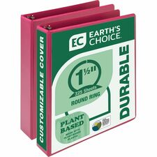 Samsill Earth's Choice Plant-based View Binders 1 1/2" Binder Capacity - Letter - 8 1/2" x 11" Sheet Size - 3 Ring(s) - Fastener(s): Round Ring - Chipboard, Polypropylene, Plastic - Berry - Recycled - Bio-based, Durable, Recyclable, Punched, Clear Overlay