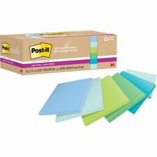Post-it&reg; Recycled Super Sticky Notes 70 - 3" Flag/Note Width x 3" Flag/Note Length - Square - 70 Sheets per Pad - Assorted Oasis - Adhesive - Recycled - 12 / Pack