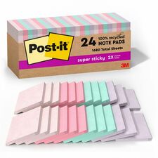 Post-it&reg; Recycled Super Sticky Notes 70 - 3" Flag/Note Width x 3" Flag/Note Length - Square - 70 Sheets per Pad - Wanderlust Pastels - Adhesive - Recycled - 24 / Pack