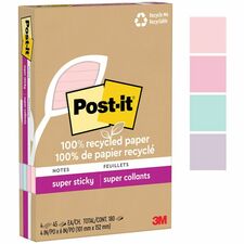 Post-it&reg; Super Sticky Adhesive Note 4" Flag/Note Width x 6" Flag/Note Length - Rectangle - 45 Sheets per Pad - Assorted Wanderlust Pastel - Repositionable - Recycled - 4 / Pack