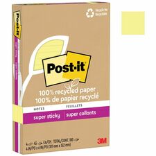 Post-it&reg; Super Sticky Adhesive Note 4" Flag/Note Width x 6" Flag/Note Length - Rectangle - 45 Sheets per Pad - Canary Yellow - Repositionable - Recycled - 4 / Pack