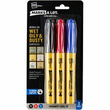 Avery&reg; Marks A Lot UltraDuty Markers, Chisel Tip, 3 Assorted Markers (29864) 5 mm Bold Chisel, Narrow Narrow Bullet Marker Point - Black, Red, Blue Ink - Polyester Tip - 3 / Pack