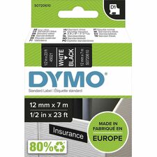 Dymo S0720610 D1 45021 Tape 12mm x 7m White on Black x 15/32" Width x 22 31/32 ft Length - Tape - White on Black - Easy Peel, Durable - 1 Each