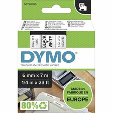 Dymo S0720780 D1 43613 Tape 6mm x 7m Black on White x 15/64" Width x 22 31/32 ft Length - Tape - Black on White - Easy Peel, Durable - 1 Each