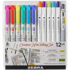 Zebra Creative Note Taking Set Fine Pen Point - Fine Marker Point - Chisel, Bullet Marker Point Style - Felt Tip - Assorted Gel-based Ink - Retractable - 12 / Pack