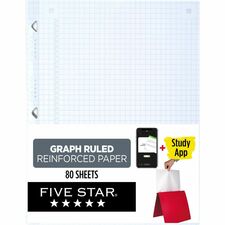 Five Star Reinforced Graph-Ruled Filler Paper 80 Pages - Ruled Margin - Letter - 8 1/2" x 11" Sheet Size - White Paper - Heavyweight, Non-bleeding, Durable, Tear Resistant, Reinforced, Hole-punched - 1 Each