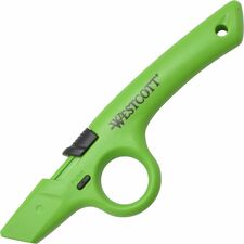 Westcott Non-Replaceable Finger Loop Safety Cutter Ceramic Blade - Retractable, Lock Off Switch, Durable - Acrylonitrile Butadiene Styrene (ABS) - Green - 1 Each