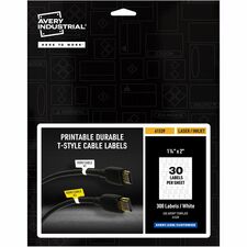 Avery&reg; Cable Labels, T-Style, 1.25" x 2" , 300 Total (61539) Waterproof - 1 1/4" Width x 2" Length - Permanent Adhesive - T-shaped - Inkjet, Laser - White - Film - Durable, Uncoated, Chlorine-free, PVC-free, Tear Resistant, Print-to-the Edge, Write-on