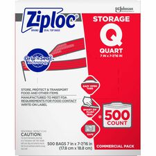 Ziploc&reg; Quart Storage Bags Medium Size - 1 quart Capacity - 7" Width x 1.75 mil (44 Micron) Thickness - Zipper Closure - Textured - Clear - Plastic - Multipurpose - 500 / Carton