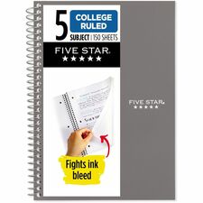 Mead College Ruled Notebook 5 Subject(s) - 150 Sheets - Spiral - Ruled Margin - 6" x 9 1/2" Sheet Size - Assorted Plastic Cover - Double Sided Sheet, Ink Resistant, Perforated, Easy Tear, Tear Resistant, Durable, Water Resistant, Spiral Lock, Snag Resista