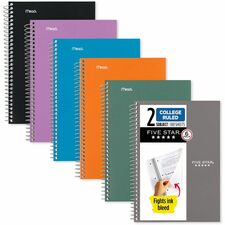 Mead College Ruled Notebook 2 Subject(s) - 80 Sheets - Spiral - Ruled Margin - 6" x 9 1/2" Sheet Size - Assorted Plastic Cover - Double Sided Sheet, Ink Resistant, Perforated, Easy Tear, Tear Resistant, Durable, Water Resistant, Spiral Lock, Snag Resistan